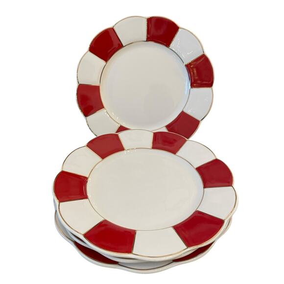 Grace Teaware Porcelain Salad Plate 8in Red & White Stripe Gold Trim Set 4 New - Picture 10 of 16